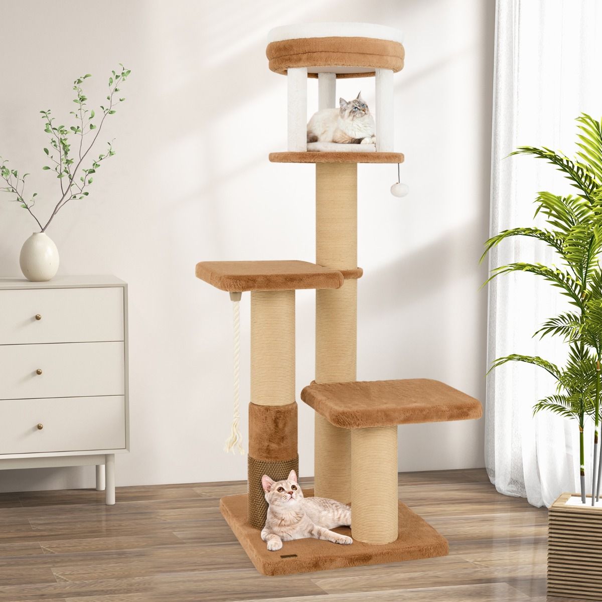 Coast Kattenboom - krabpaal met gevoerde zitstokken - uitneembaar kattenbed - karamel en wit - 164 cm