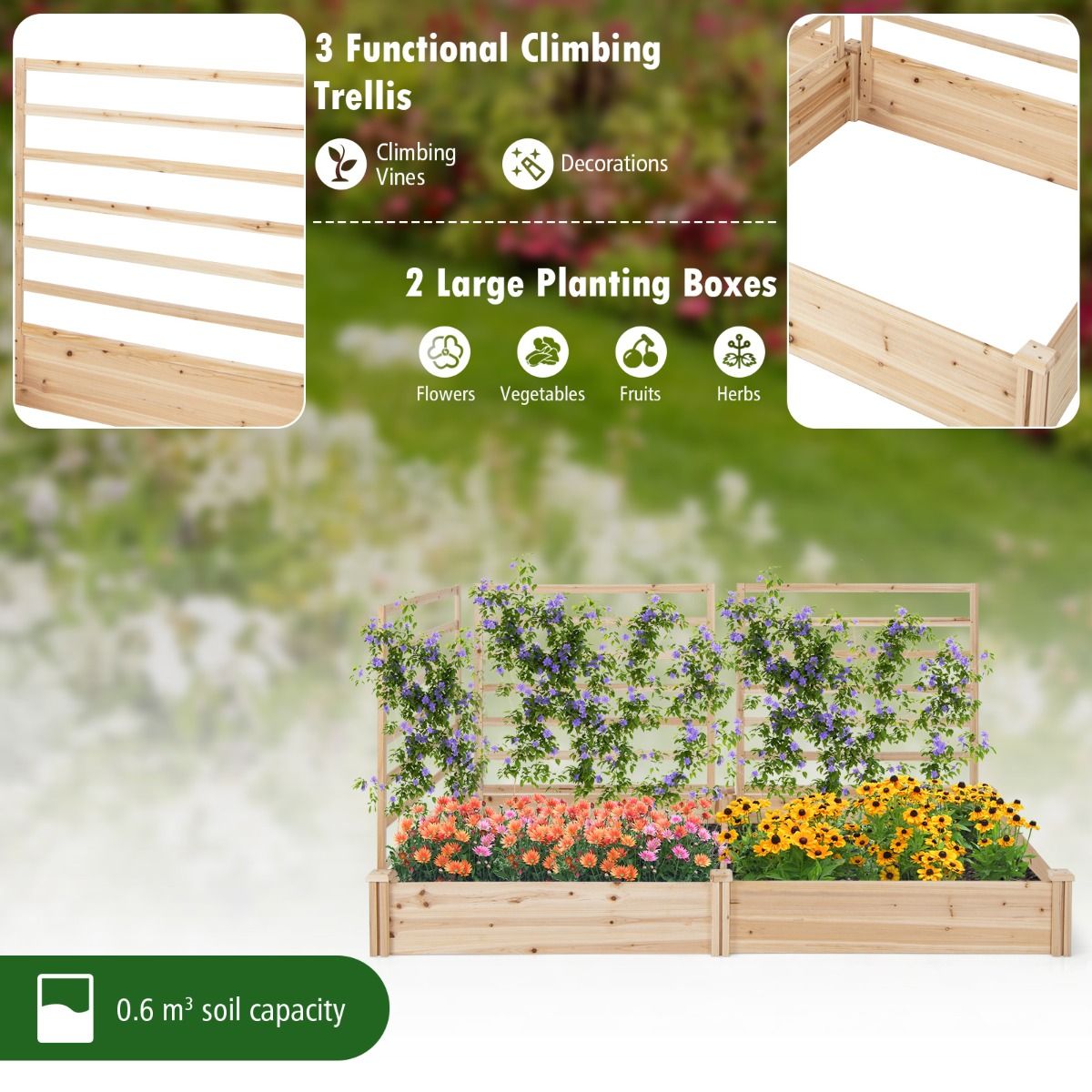 Coast Houten Plantenbak met 3 Klimrekken - Verhoogd Tuinbed - Open Bodem - Natuurlijk Dennenhout - 222 x 114 x 110 cm