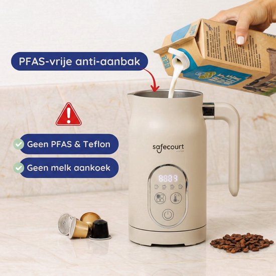 Safecourt kitchen Elektrische Melkopschuimer – 100% PFAS-vrij – Display & Temperatuurregeling – 4-in-1 – 350ml – Beige