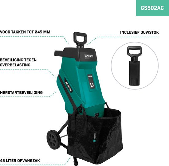 VONROC Hakselaar/Shredder 2500W – Voor takken tot Ø45mm – Incl. 45L opvangzak & duwstok
