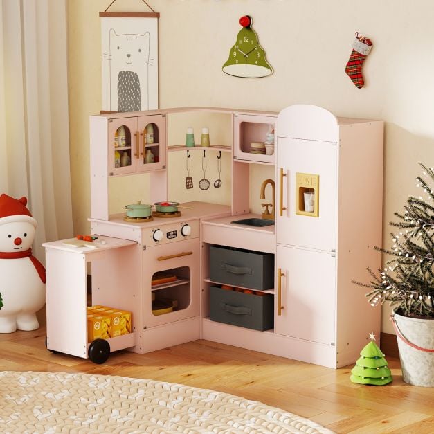 Coast Speelkeuken Hoekmodel 100 × 75,5–92 × 101 cm – Roze – Houten Kinderkeuken met Licht, Geluid en Uitschuifbaar Werkblad