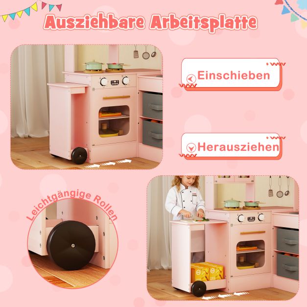 Coast Speelkeuken Hoekmodel 100 × 75,5–92 × 101 cm – Roze – Houten Kinderkeuken met Licht, Geluid en Uitschuifbaar Werkblad