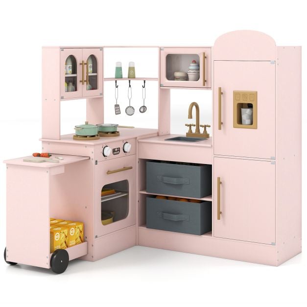 Coast Speelkeuken Hoekmodel 100 × 75,5–92 × 101 cm – Roze – Houten Kinderkeuken met Licht, Geluid en Uitschuifbaar Werkblad