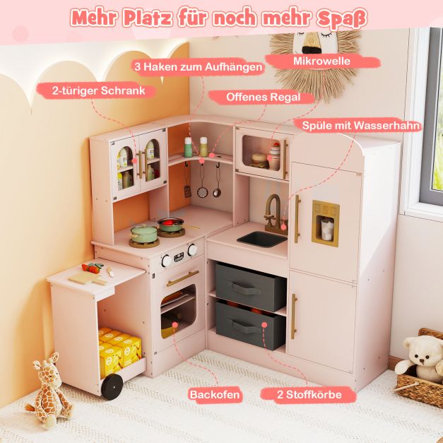 Coast Speelkeuken Hoekmodel 100 × 75,5–92 × 101 cm – Roze – Houten Kinderkeuken met Licht, Geluid en Uitschuifbaar Werkblad