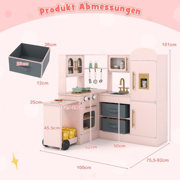 Coast Speelkeuken Hoekmodel 100 × 75,5–92 × 101 cm – Roze – Houten Kinderkeuken met Licht, Geluid en Uitschuifbaar Werkblad