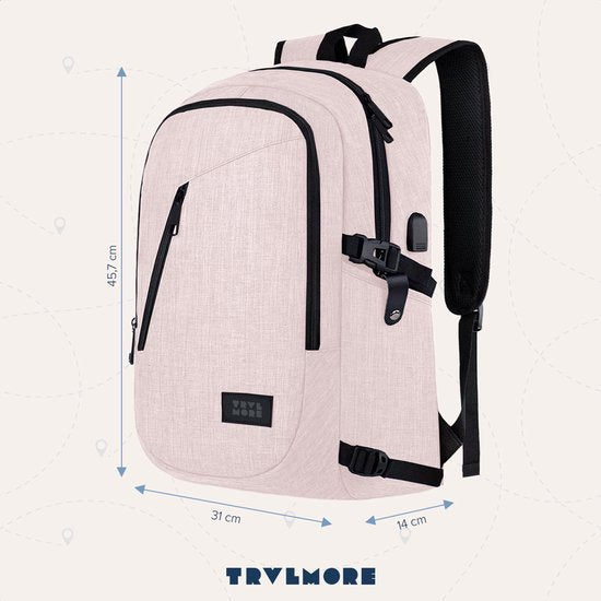 TRVLMORE Rugtas - 25L - 15,6 Inch - Laptop Rugzak met USB - Schooltas - Heren en Dames - Tas Roze