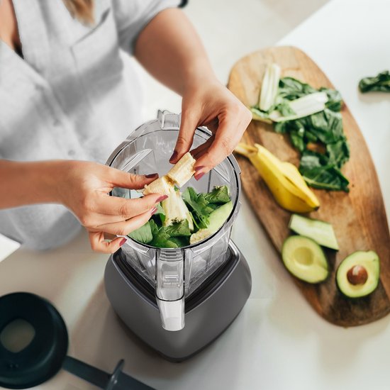 KitchenBrothers 2-in-1 Power Blender - 1600W - 2L - Complete Set met Hakmolen en To-go Beker - Smoothie Maker - IJscrusher - Metallic Grijs