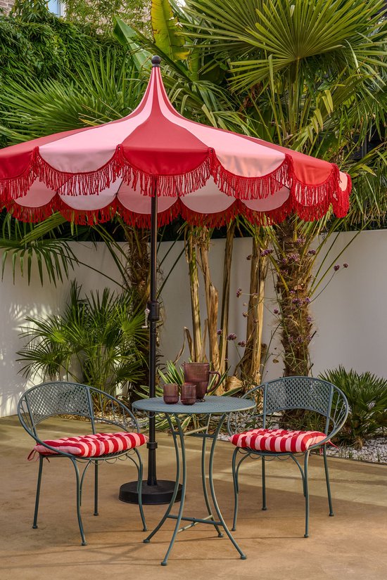 Mica Decorations Kim Gestreepte Parasol met Draagtas - Stokparasol 238 x Ø235 cm - Tuin of Balkonparasol - Polyester, Staal - Rood