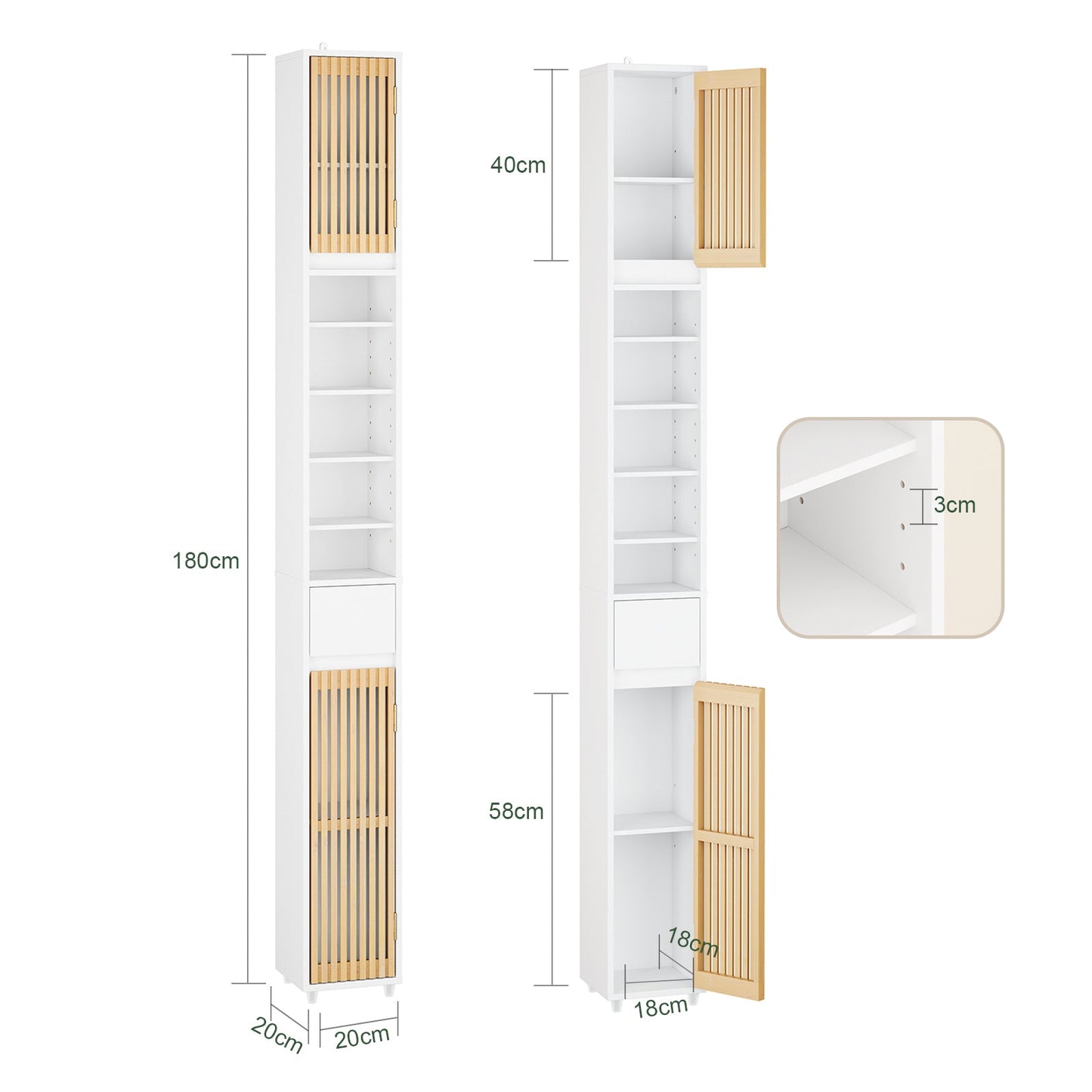 sobuy hoge badkamerkast met bamboe deuren - 20 × 20 × 180 cm | wit