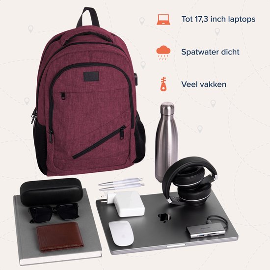 TRVLMORE Rugzak met Levenslange - Rugtas met 15,6 Inch Laptopvak - Schooltas - Spatwaterdicht - Heren en Dames - Jongens en Meisjes - 28L - Burgundy