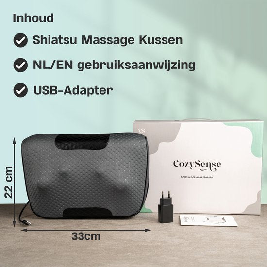 CozySense® Shiatsu Massagekussen - Elektrisch & Draadloos Massage Apparaat voor Nek en Rug - Warmtefunctie - Oplaadbaar - Ergonomisch - Zwart