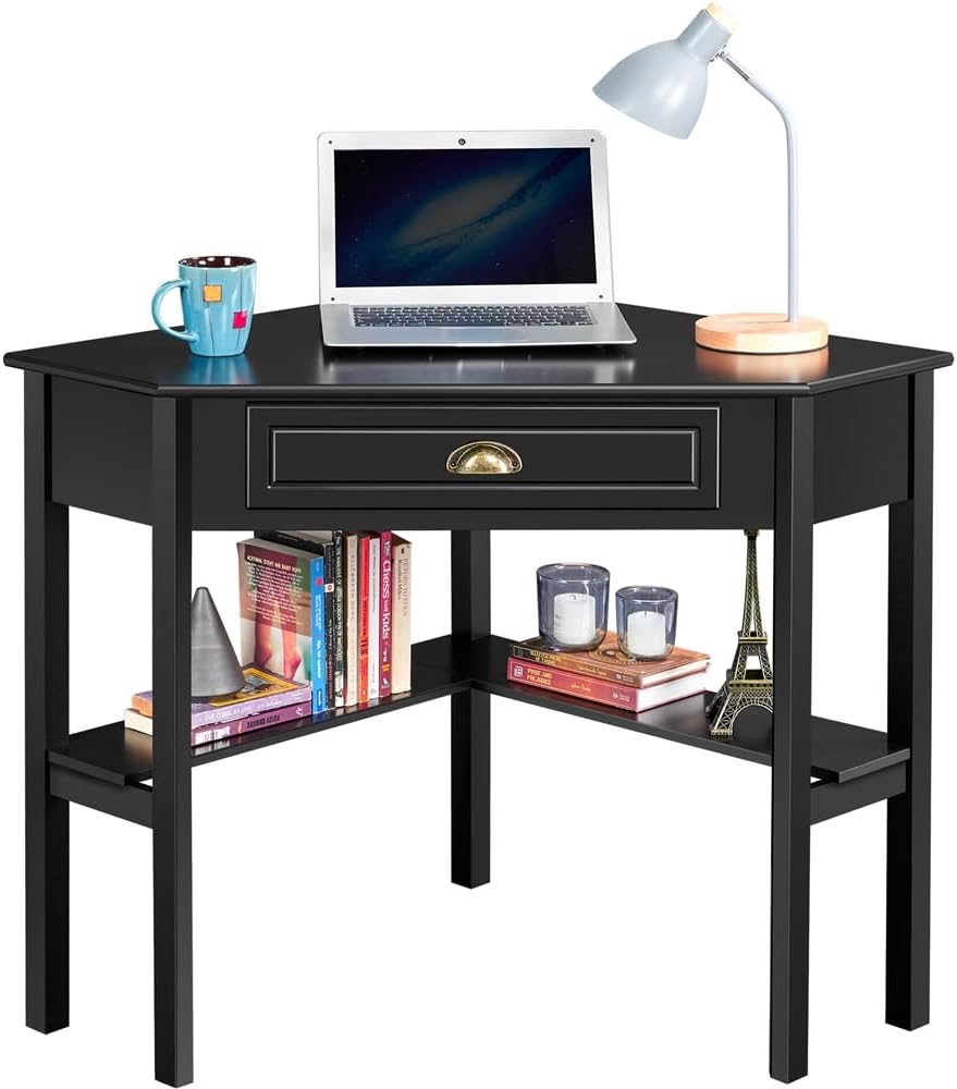 Yaheetech Hoekbureau 106 × 71,5 × 77 cm – met lade en legplanken, zwart