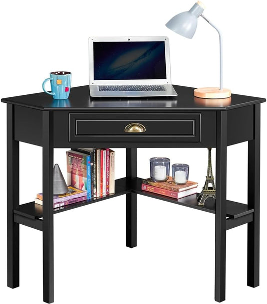 Yaheetech Hoekbureau 106 × 71,5 × 77 cm – met lade en legplanken, zwart