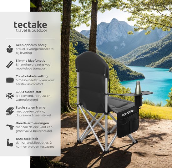 tectake® Campingstoel - Kampeerstoel - Opvouwbare stoel - Inclusief bekerhouder, opbergvak en draagtas - Luxe outdoorstoel - Glampingstoel