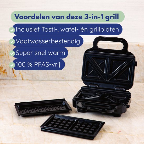Safecourt Kitchen Tosti-apparaat – 3-in-1 tosti-ijzer, wafelijzer én contactgrill – Uitneembare PFAS-vrije platen & vaatwasserbestendig – compact – snel warm – Contactgrill