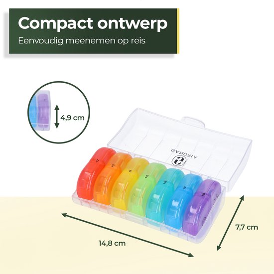 Gandria Pillendoos 7 Dagen - Uitneembaar Pillendoosje - Medicijndoos met 14 Compartimenten - Medicijndoos met Stevige Sluiting - 2 Vakken per Dag - 7 Kleuren