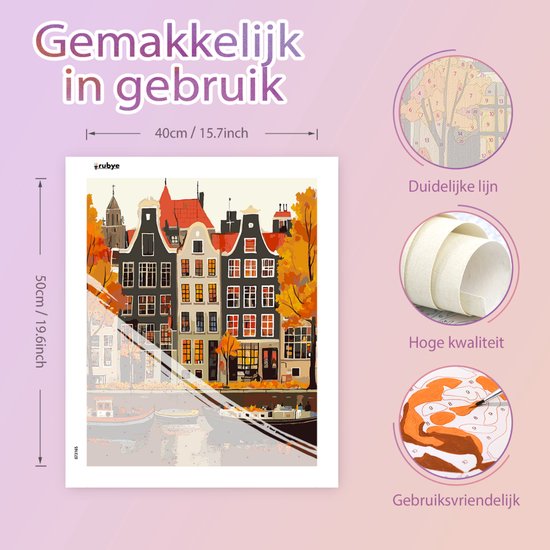 Rubye® Schilderen Op Nummer Volwassenen – Grachtenpand – Inclusief Verf en Penselen – Canvas Schildersdoek - Kleuren op Nummer - 40x50cm