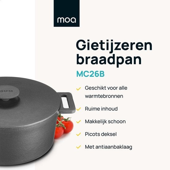 MOA Gietijzeren Braadpan - Inhoud 4,75 liter - 26CM - Rond - Alle warmtebronnen - Ook voor inductie - Gewicht 5,8 kg - Zwart - MOAMC26B