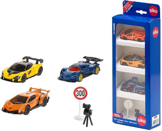 SIKU 6328, Cadeauset Supercars, Lamborghini Veneno, Apollo I.E., McLaren Senna, beweegbare onderdelen, incl. verkeersbord en flitspaal