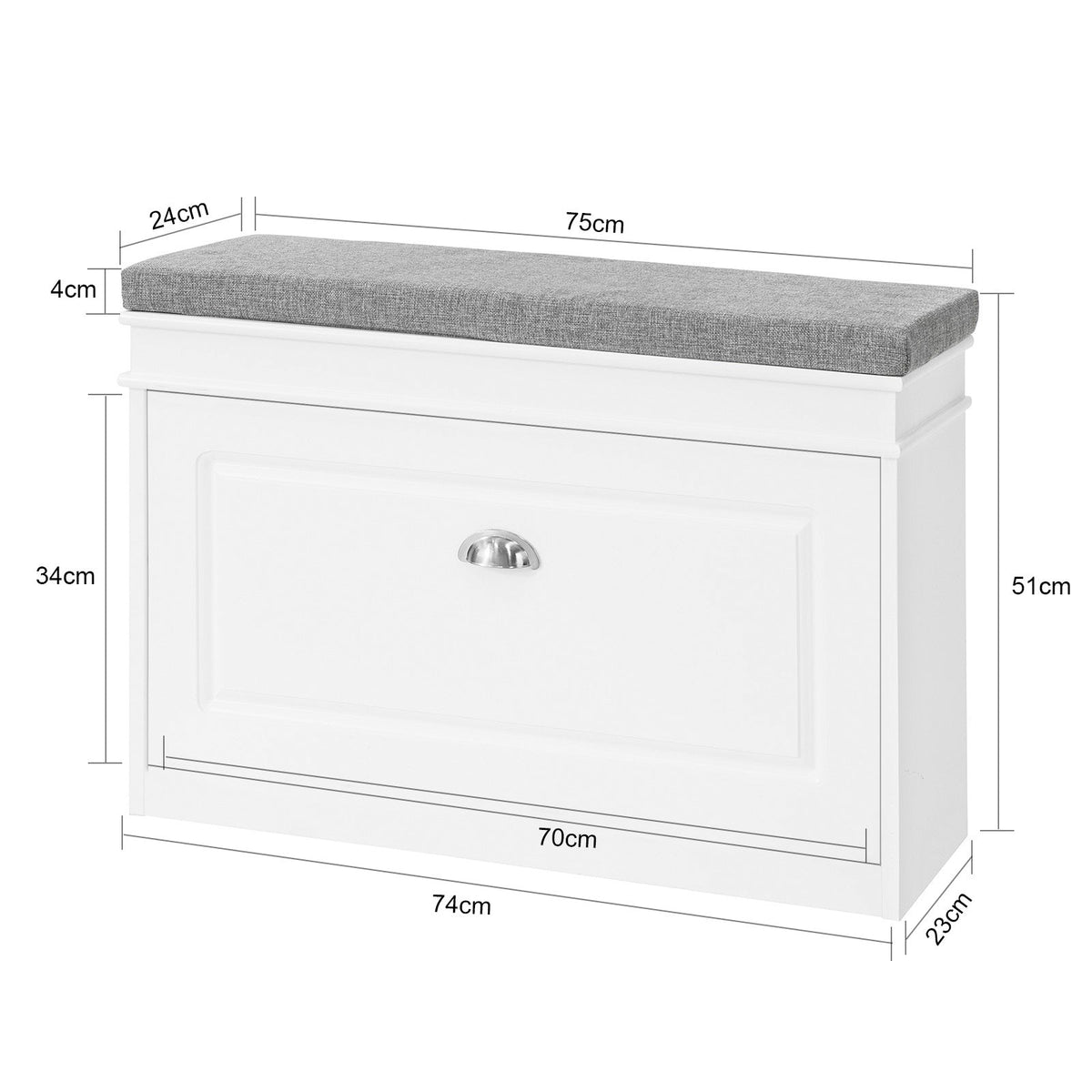 SoBuy Schoenenkast met gestoffeerde zitting - Max. 150 kg - 75 x 24 x 51 cm - Wit/ grijs