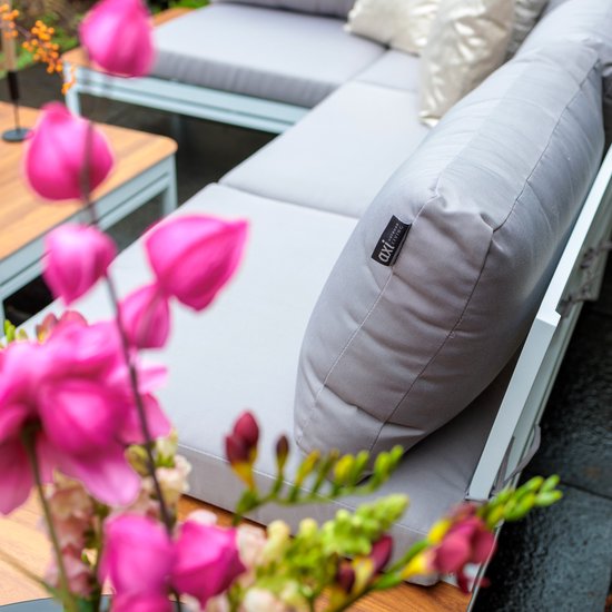AXI Eos Loungeset met ligbed Wit met Hout-look PSPC – Hoekset met tafel - Gepoedercoat aluminium frame – Geïntegreerd ligbed - PSPC tafelblad