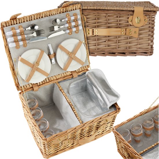 tectake® Picknickmand Set Terschelling – 21-delig – Luxe Picknickset 2 Pers. – Inclusief Koelvak & Bestek