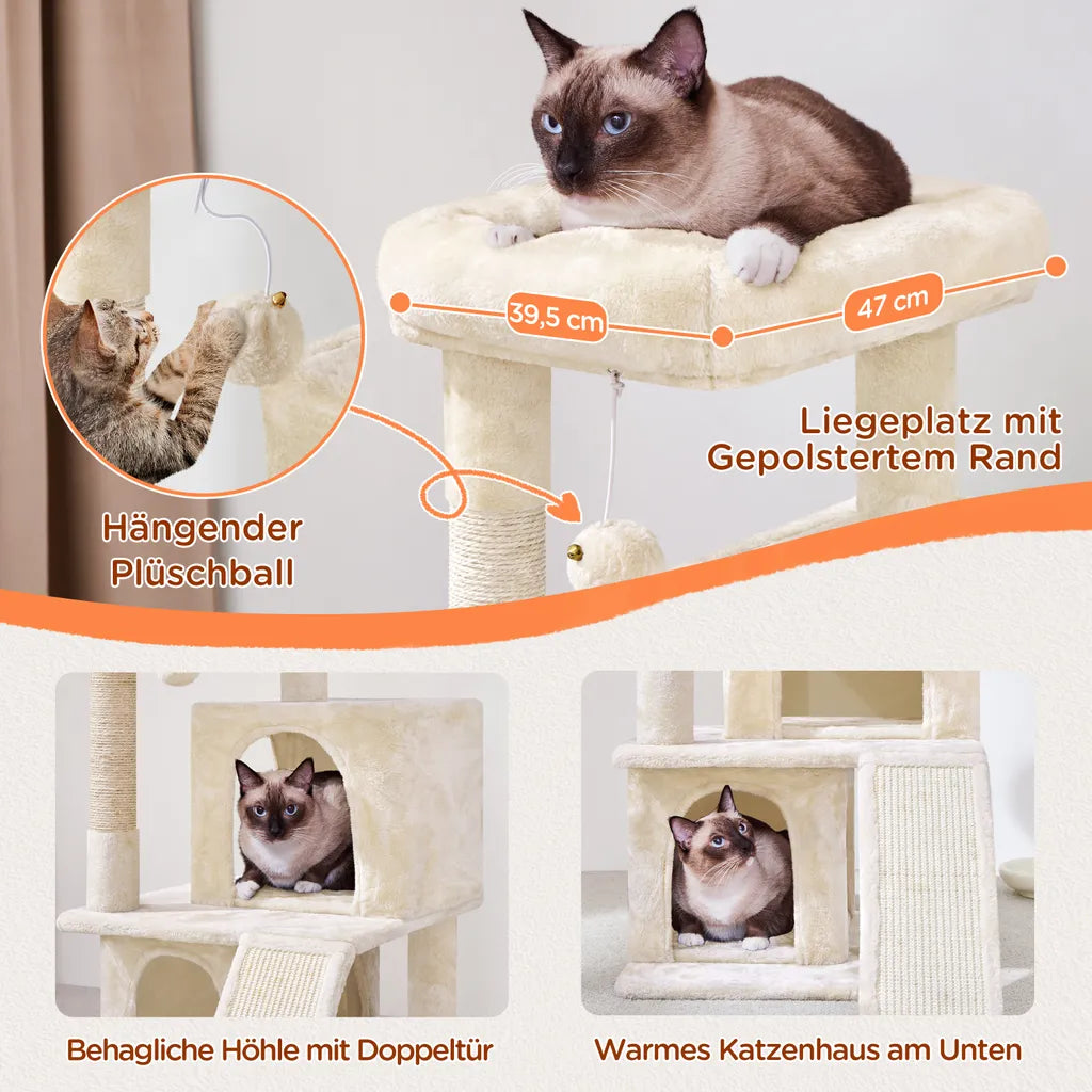 Yaheetech Krabpaal Beige – 91 cm Hoog – Met 2 Kattenhuisjes, Sisal Krabpalen en Speelbal