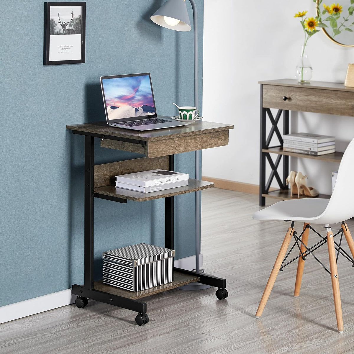 Yaheetech Roltafel met Lade en 4 Opbergplanken – 56 x 51 x 79,5 cm – Taupe