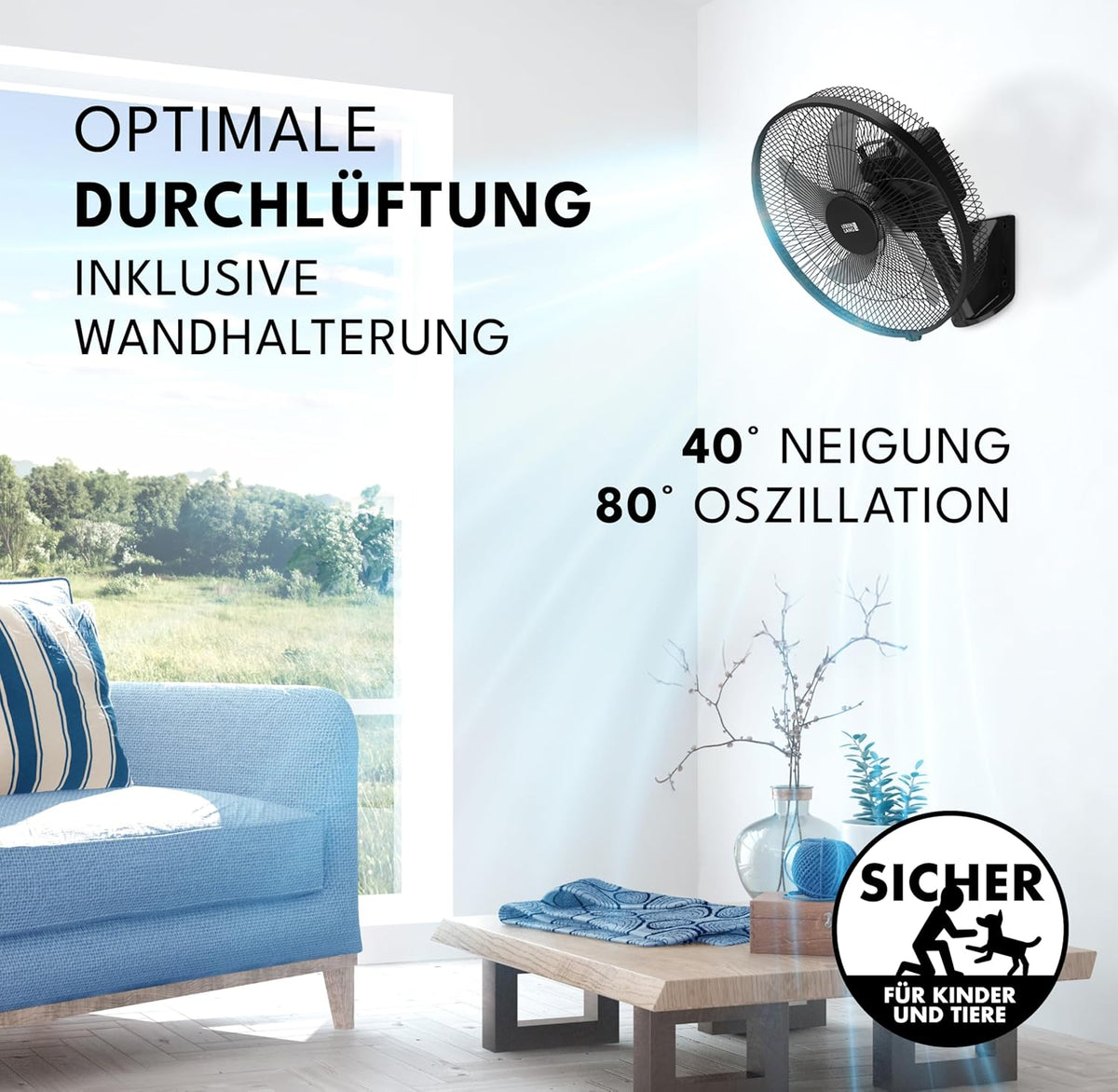 LEBENLANG Accuventilator 35W – 3600 mAh – tot 45 uur gebruiksduur – Ø 30 cm – Hoogte 80–115 cm – Zwart – Draagbare 5-in-1 Ventilator met Afstandsbediening
