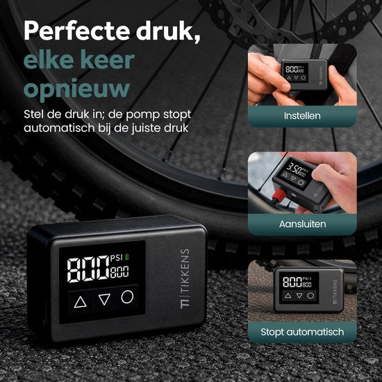 Tikkens® AirGo Elektrische Fietspomp XS - Mini Luchtcompressor - 118 gram - Draagbaar - Digitaal Display - Koersfiets - Racefiets - Gravelbike - Sportfiets - Stadsfiets - Mountainbike - Scooter - Fatbike - USB-C Oplaadbaar - Presta/Schräder/Dunlop