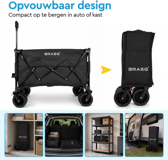 BRASQ Bolderkar Opvouwbaar - 165 Liter - 100 KG Draagkracht - Draaibare wielen mét rem - 90 x 52 x 110 cm - Verstelbare hendel - Inklapbare Bolderwagen - Zwart