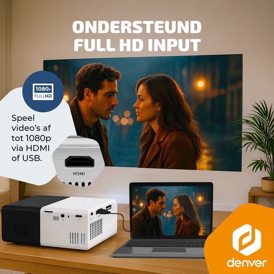 Denver Mini Beamer - Full HD 1920*1080P - 30 ANSI Lumen - Projector - Thuisbioscoop - HDMI - USB-C - PR1000