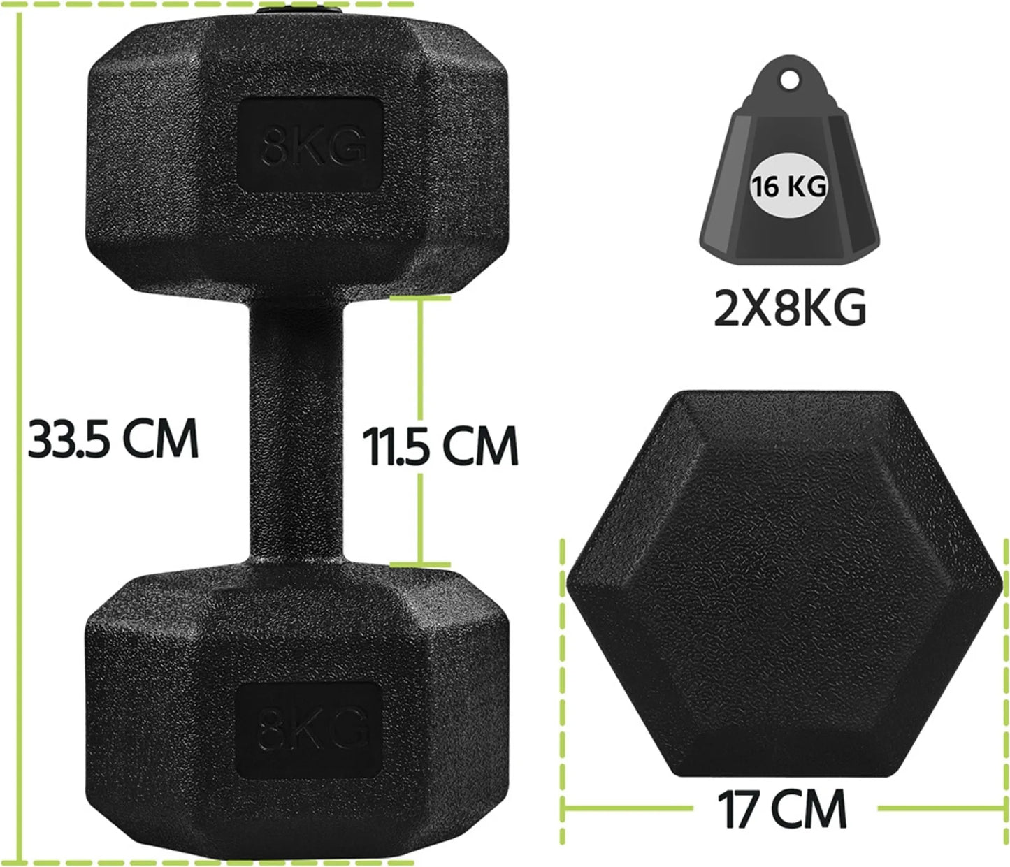 Yaheetech Dumbbells Set Van 2 x 8 kg – 33,5 x 17 x 15 cm – Voorzien Van Zeshoekige Kop En Anti-Roll Ontwerp En Kunststof Coating – Voor Krachttraining En Thuisgym – Zwart Kunststof En Beton