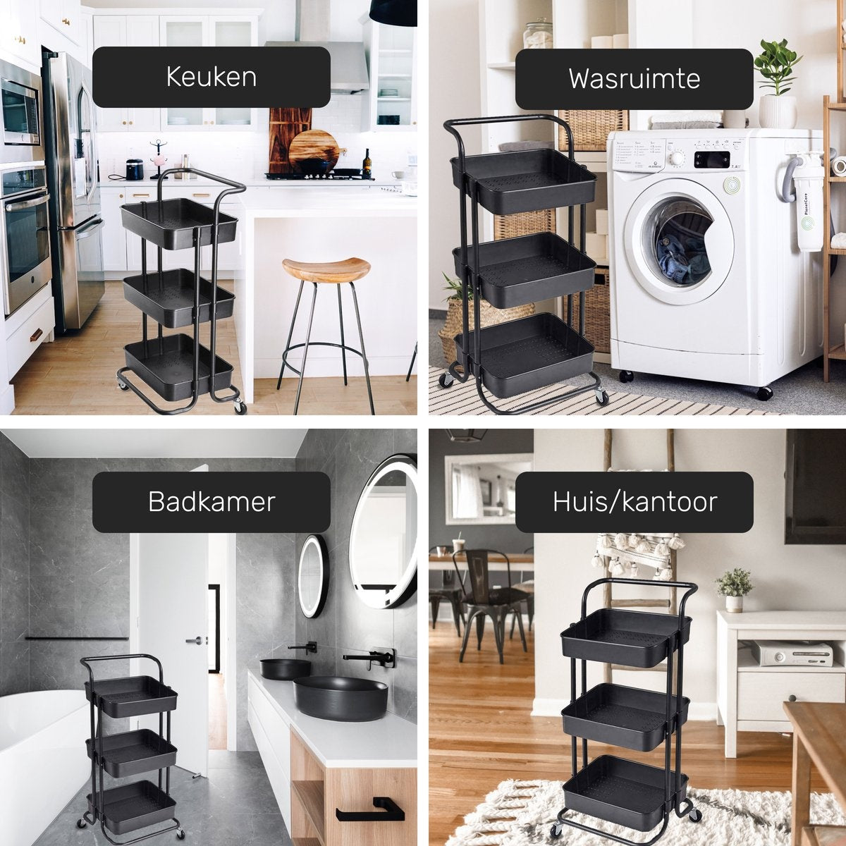 O'DADDY® Keukentrolley met Wieltjes - 3-Laags - 86 x 43 x 36 cm - Zwart