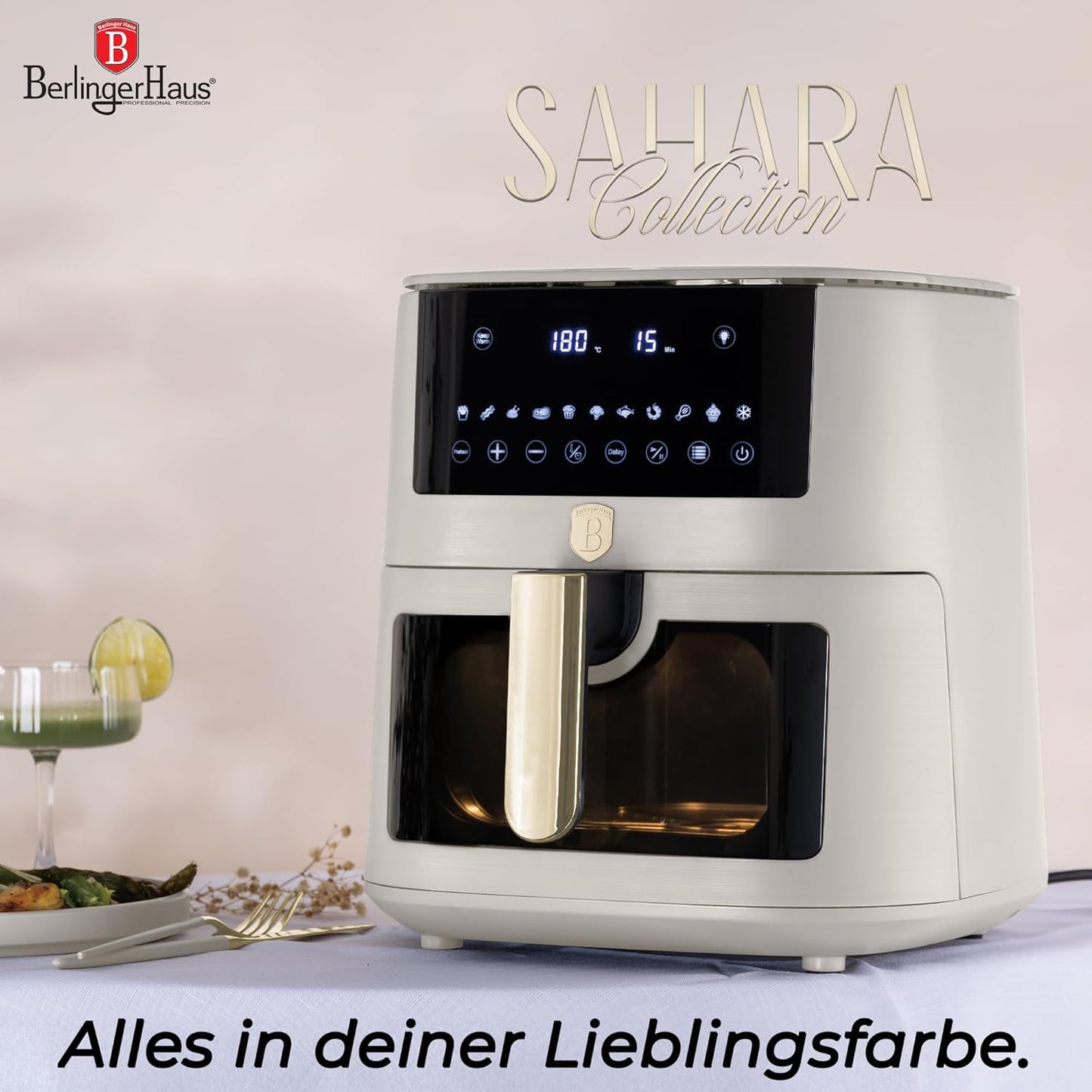 Berlinger Haus Airfryer 8 Liter - Matte Crème - Digitaal Touchdisplay - 1650W - 33 x 36,5 x 36,5 cm