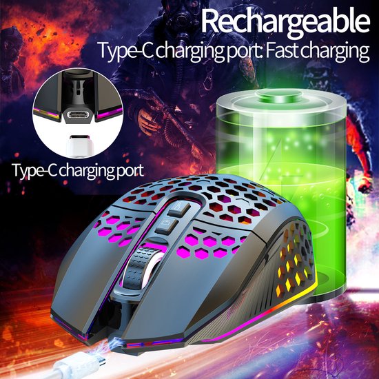 HXSJ T500 Gaming Muis - Ultra licht - RGB Verlichting - Licht zwart