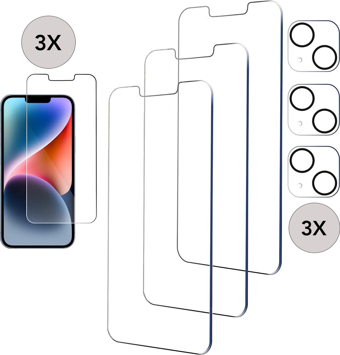 Podec 3x Screenprotector en 3x Camera Lens Protector - iPhone 14 - Transparant en Krasbestendig - Tempered Glass Screen Cover