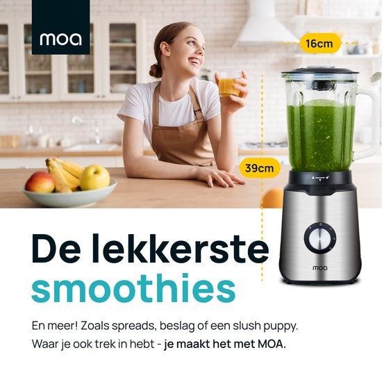 MOA - Krachtige blender - Met glazen kan - 1,5 liter - 1000 watt - TB61 - Roestvrij staal