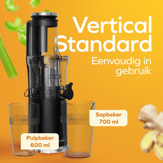 KitchenBrothers Slowjuicer - Verticaal - Juicer - Groenten en Fruitpers - 80 mm - 750 ml - Zwart