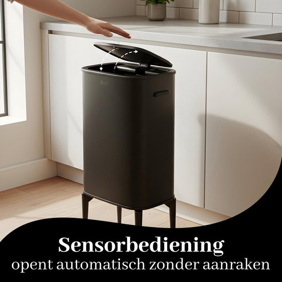 Bayt Prullenbak op pootjes - Prullenbak 60 Liter vuilniszakken - Prullenbak met Sensor - Vuilnisbak - Afvalbak - RVS - Zwart - 53L