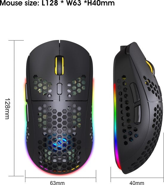 HXSJ T90 2.4G Draadloze Gaming Muis - Bluetooth - Computermuizen - Ultra licht - RGB Verlichting - Zwart