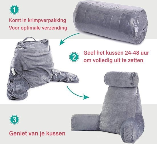 EL-Life Leeskussen met Nekrol - Relax Kussen - Zitkussen - Onderrug Ondersteuning - Lekker Lui Lezen Kussen - Fluweel Lichtgrijs