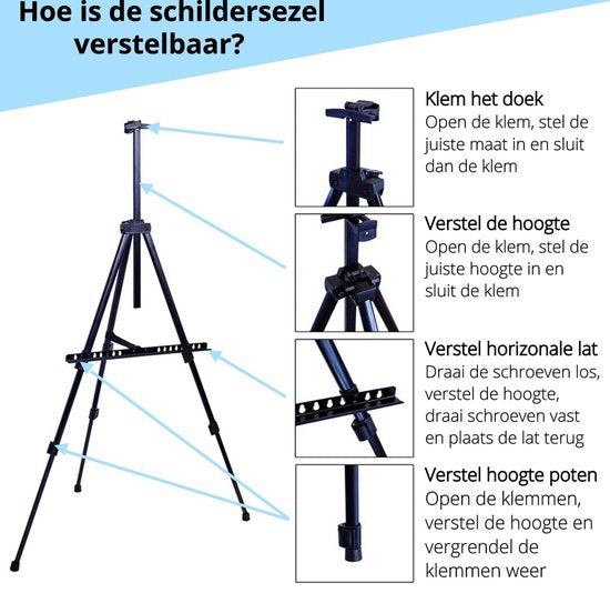 CreaTime schildersezel Verstelbaar Inklapbaar Voor volwassenen Ezel Met luxe hoes/draagtas Veldezel