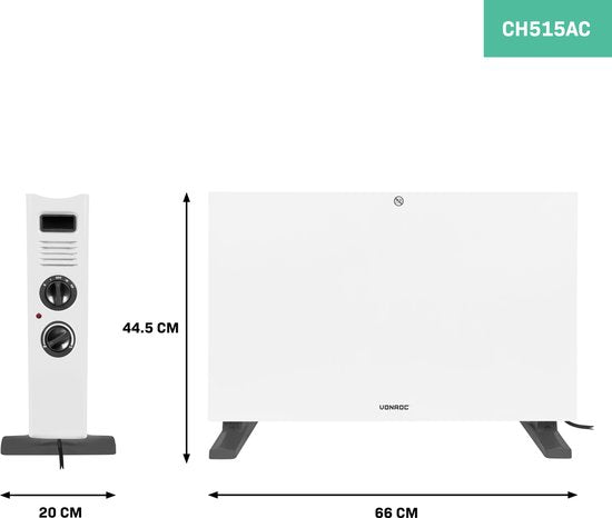 VONROC Elektrische Kachel – Convectorkachel 2000W – Met Ventilator – 2 Warmtestanden – Thermostaat – Wit