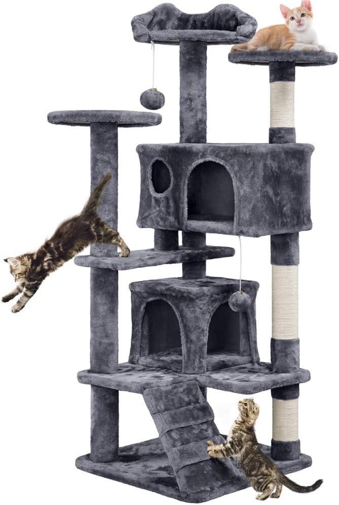 Yaheetech Krabpaal - 3 Uitkijkplatforms - 2 Kattenholletjes - 49 x 49 x 139 cm - Donkergrijs