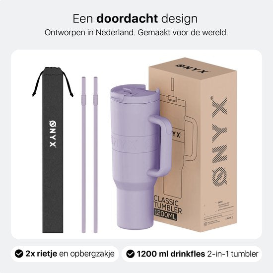 ONYX Drinkfles met Rietje 1.2 Liter - Waterfles voor Kinderen & Volwassenen - Thermosbeker RVS Travel Mug - Motiverende Drinkbus - Drinkbeker voor School - Pastel Purple