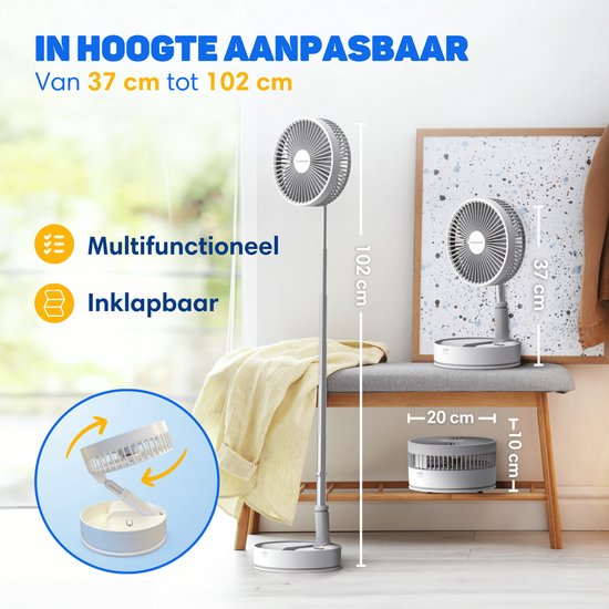 Vulpes Goods® Tech Draadloze Statiefventilator – 4-in-1 Oplaadbare Ventilator – Stil & Verstelbaar – PRO Versie