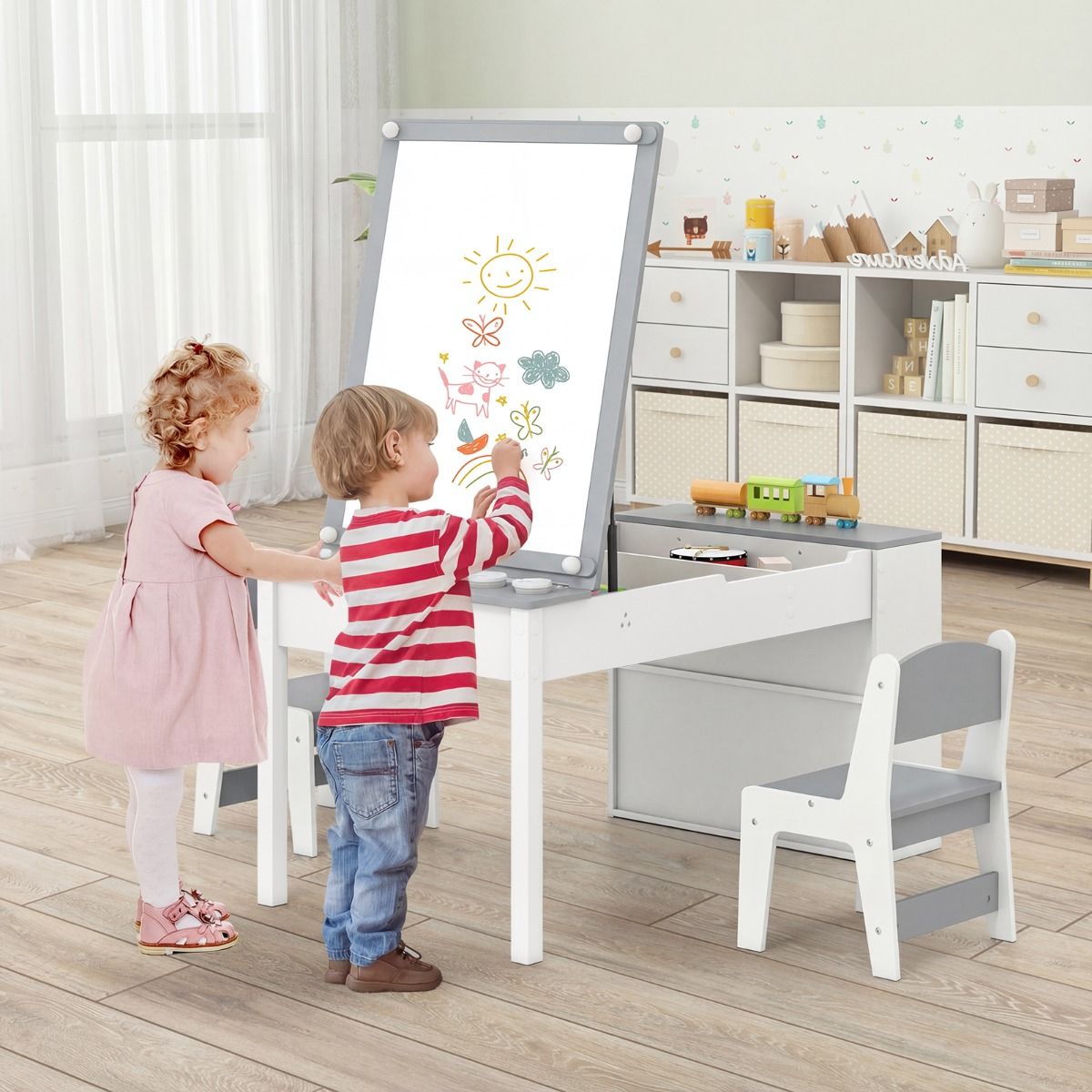 Coast Kindertafel en Stoelenset - 2-in-1 tekentafel met opbergruimte en papierrol - grijs