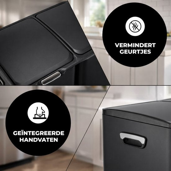 Bayt Prullenbak - Prullenbak 60 Liter - Vuilnisbak 60 Liter - Pedaalemmer 60 Liter - Prullenbak Afvalscheiding - Prullenbak 3 Vakken - Afvalbak - RVS - Zwart