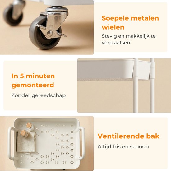 Posity Keukentrolley op wieltjes – Serveerwagen / Opbergtrolley / Keukenrek / Trolley Keuken – Verrijdbaar en Vast – 3 Lagen – Kunststof – Wit